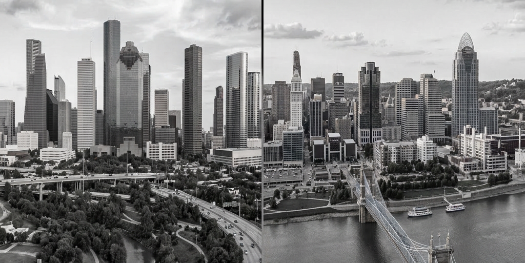 Two urban skylines featuring rivers, bridges, and downtown high-rise buildings under blue skies